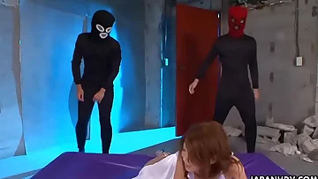 Asian bitch stroking and blowing on all of the cocks