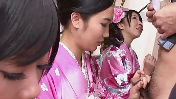 Three geishas throating on one lonely cock