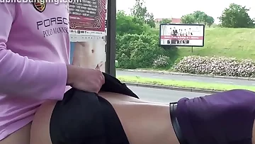 Busty girl with perfect figure public sex street gang bang threesome with 2 men