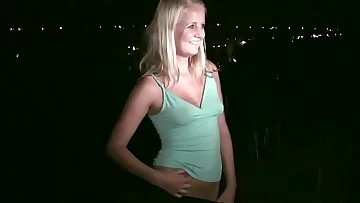 Ash-blonde teenie cutie is going to a public sex dogging gang bang orgy with strangers