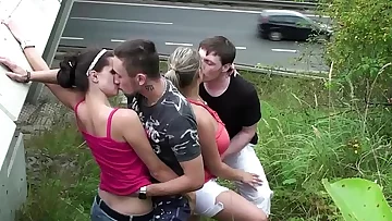 Cum on big tits in public gang bang foursome