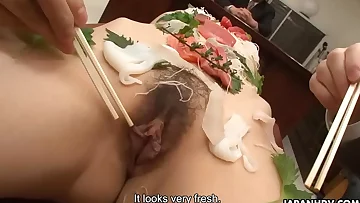 Sushi girl is the main course of the office group sex