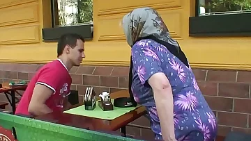 Elder granny moaning riding young cock