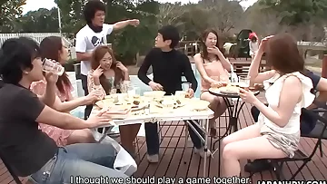 Summer Asian femmes sucking on cocks in the sunny outdoors