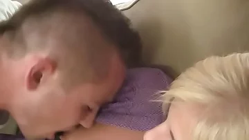 Blonde slut deepthroats and rides sausage