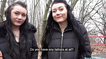 Public Agent Real Twins stopped on the street for bawdy proposals