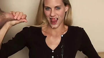 Blonde hotwife sucks spunk-pump and begs for a cum facial&excl; Dirty talk and a HUGE load on Mindy aka yummymama face&excl;