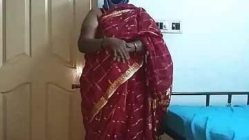 desi  indian tamil telugu kannada malayalam hindi ultra-kinky cuckold wifey vanitha dressed in virgin crimson colour saree demonstrating meaty knockers and clean-shaven labia press rock-hard knockers press nipple petting labia onanism